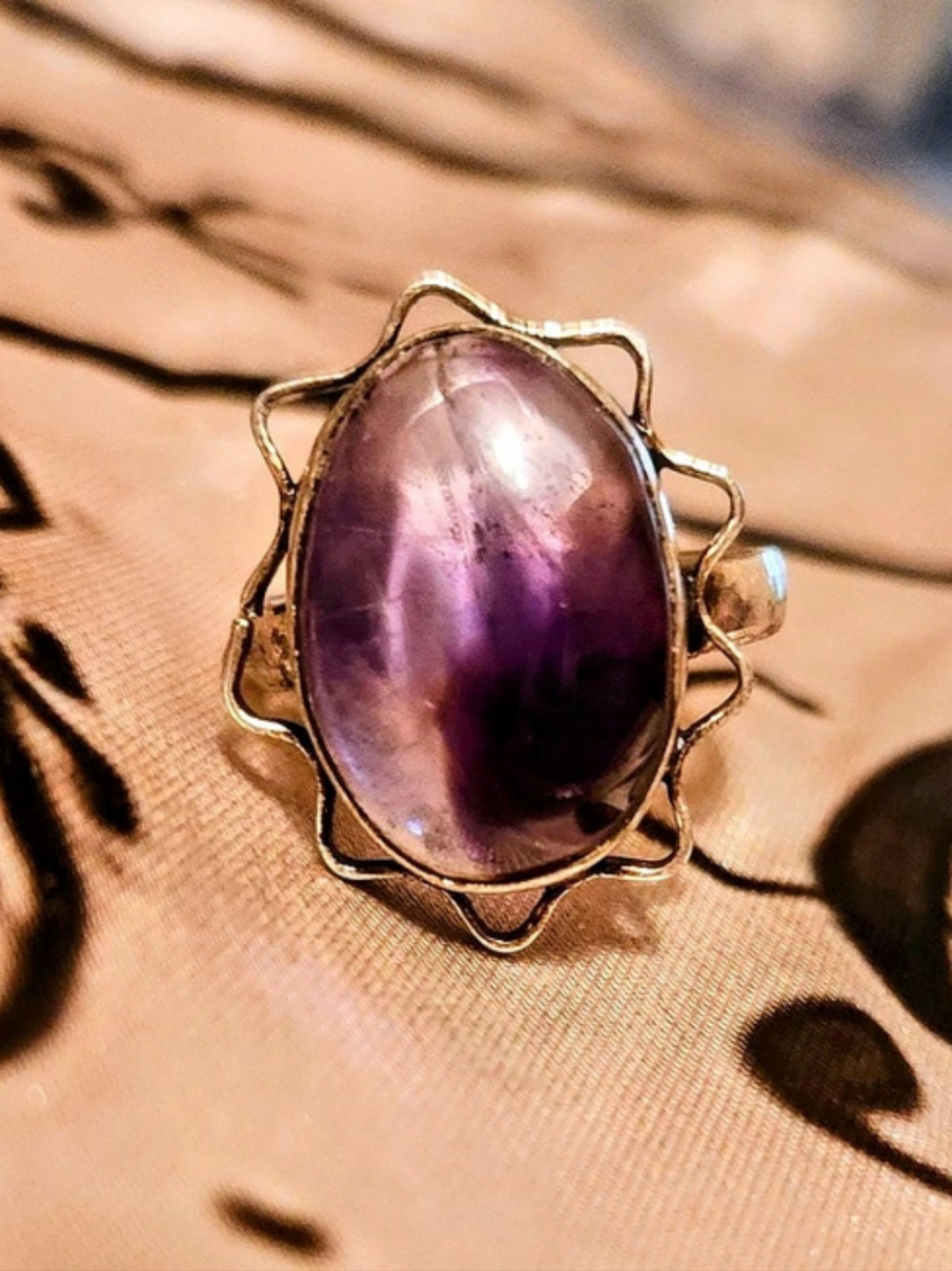 Chevron Amethyst Banded Purple Quartz Stone Statement Sterling SILVER Ring